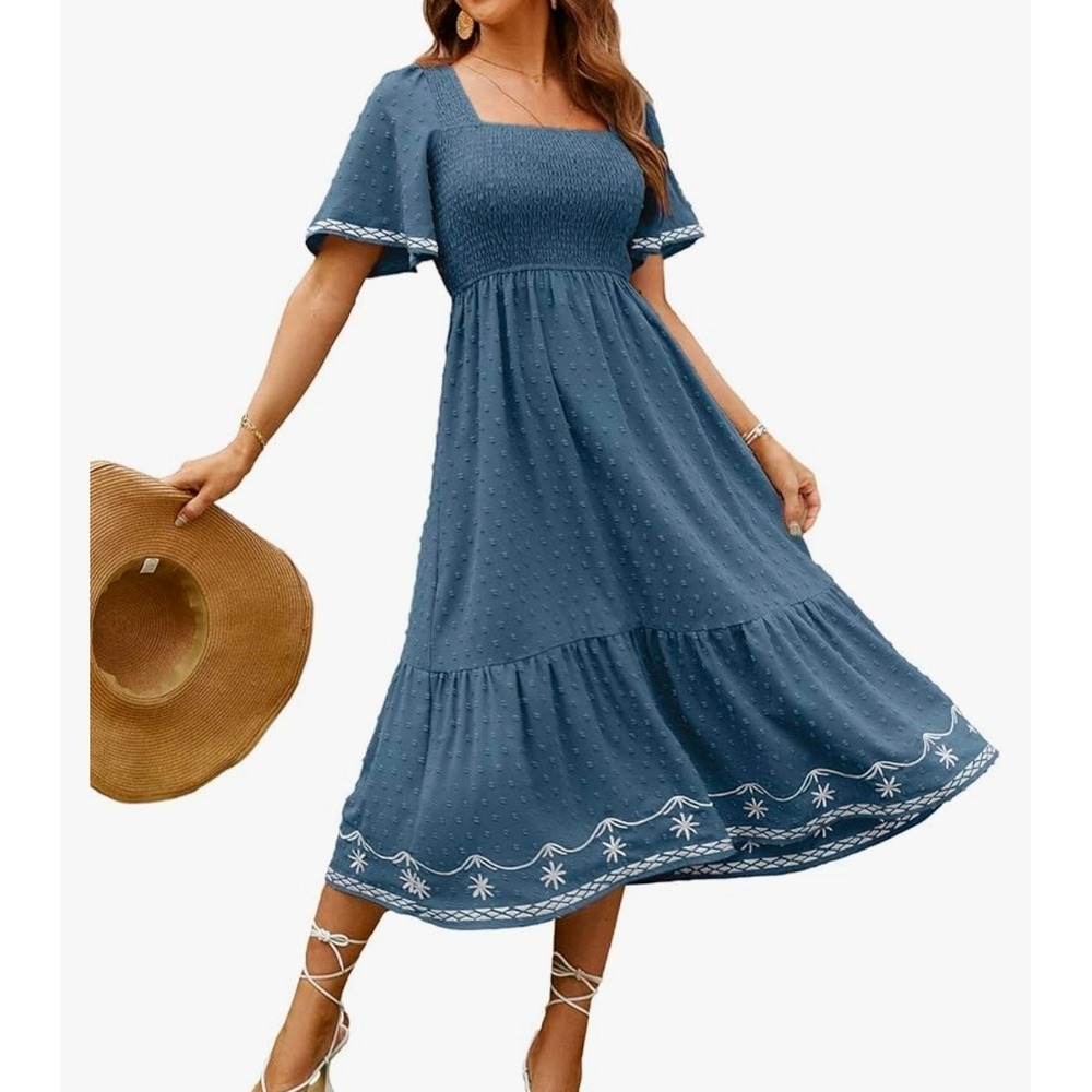 Glamaker Smocked Square Neck Midi Dress‎ Embroidered Blue Puff Sleeve Women S